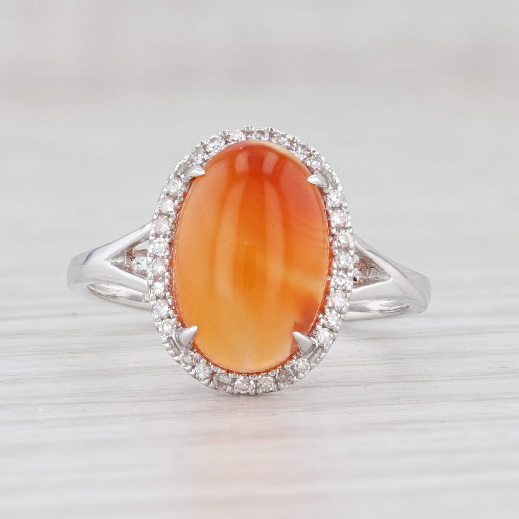 Light Gray New Orange Agate Diamond Halo Ring 14k White Gold Size 7.25 Oval Cabochon