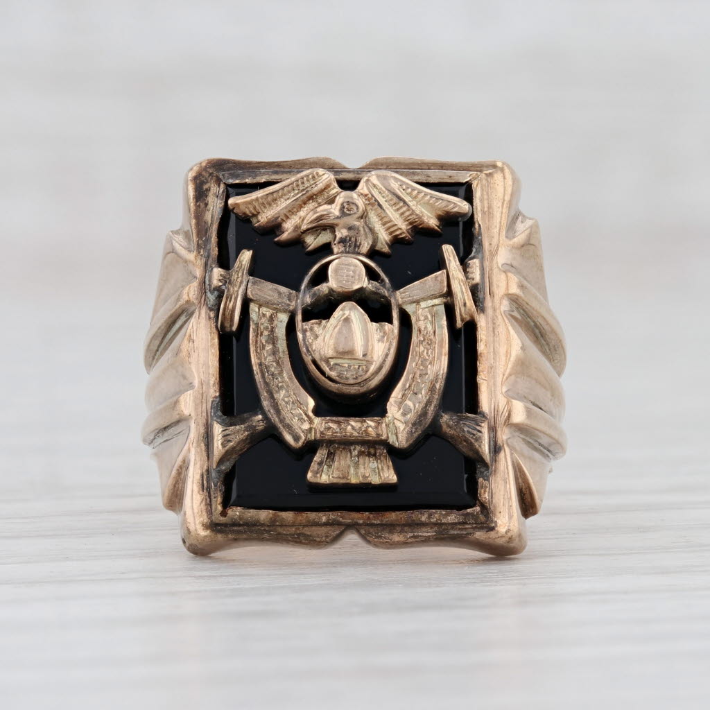 Light Gray Antique Eagle Sword Crest Onyx Signet Ring 10k Yellow Gold Coat of Arms Size 7.5