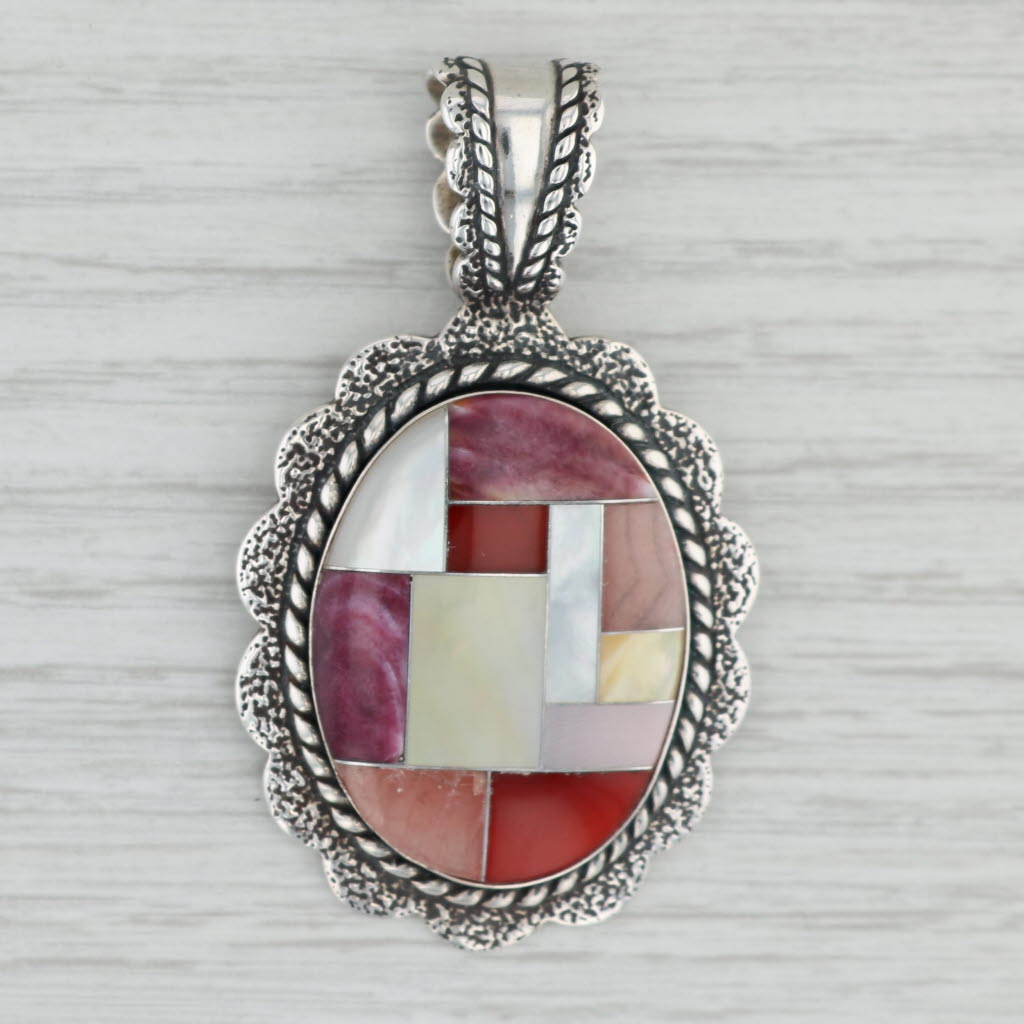 Gray Southwestern Relios Statement Pendant Sterling Silver Stone Mosaic Shell Quartz