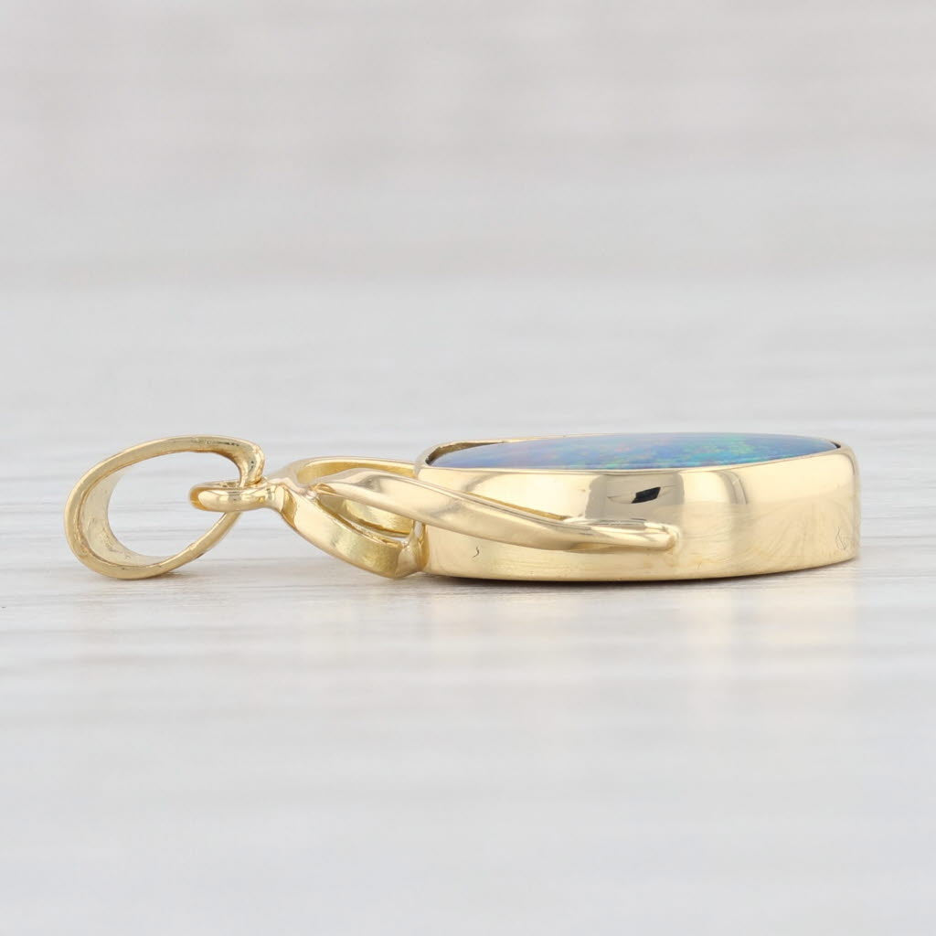 Light Gray Blue Boulder Opal Solitaire Pendant 18k Yellow Gold Baroque Oval