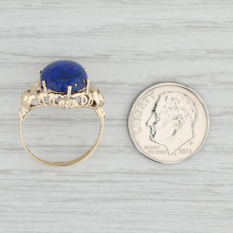 Blue Lapis Lazuli Oval Cabochon Solitaire Ring 10k Yellow Gold Heart Accents 6