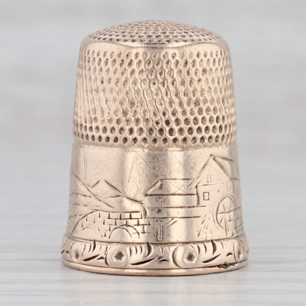 Gray Antique Size 10 Thimble 10k Gold Mountain Scene Sewing Keepsake Collectible