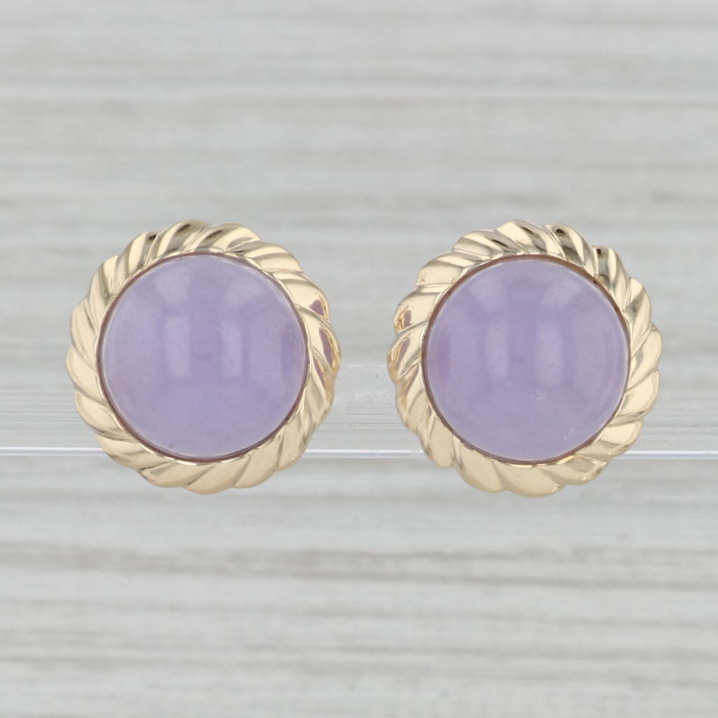 Gray Lavender Jadeite Jade Stud Earrings 14k Yellow Gold Round Cabochon Studs