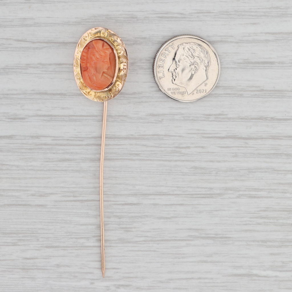 Light Gray Antique Carved Coral Cameo Stickpin 10k Yellow Gold Pin Ornate Floral