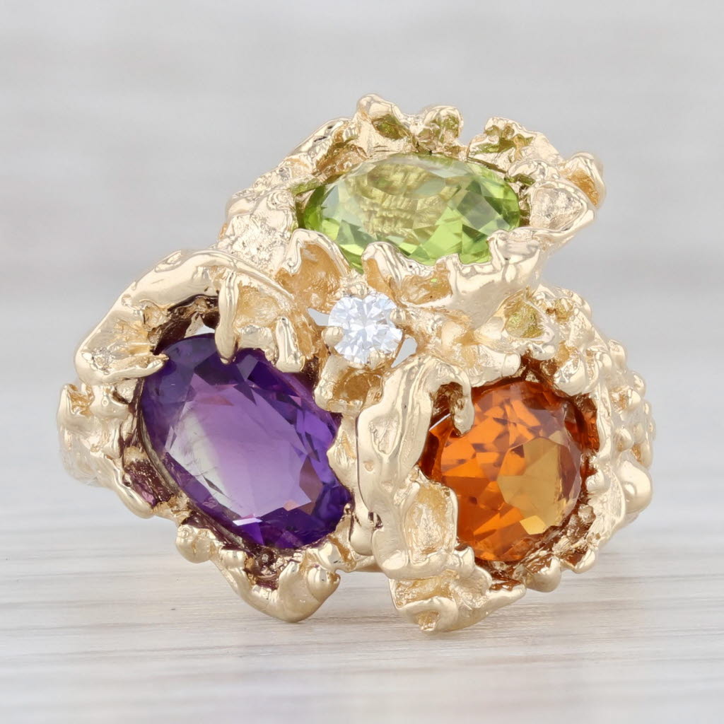 Light Gray 3-Stone Peridot Amethyst Citrine Diamond Ring 14k Gold Size 7 Gemstone Cocktail