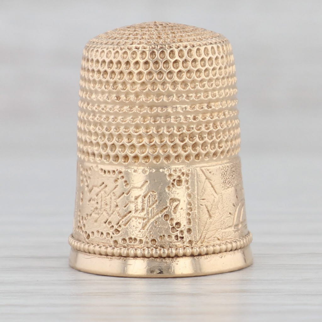 Gray Antique Simons Bros Mountain Scene Thimble 14k Yellow Gold Engraved Sewing