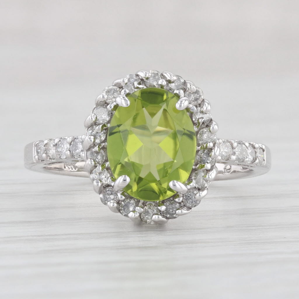 Light Gray 2.35ctw Oval Peridot Diamond Halo Ring 14k White Gold Size 6.5 August Birthstone