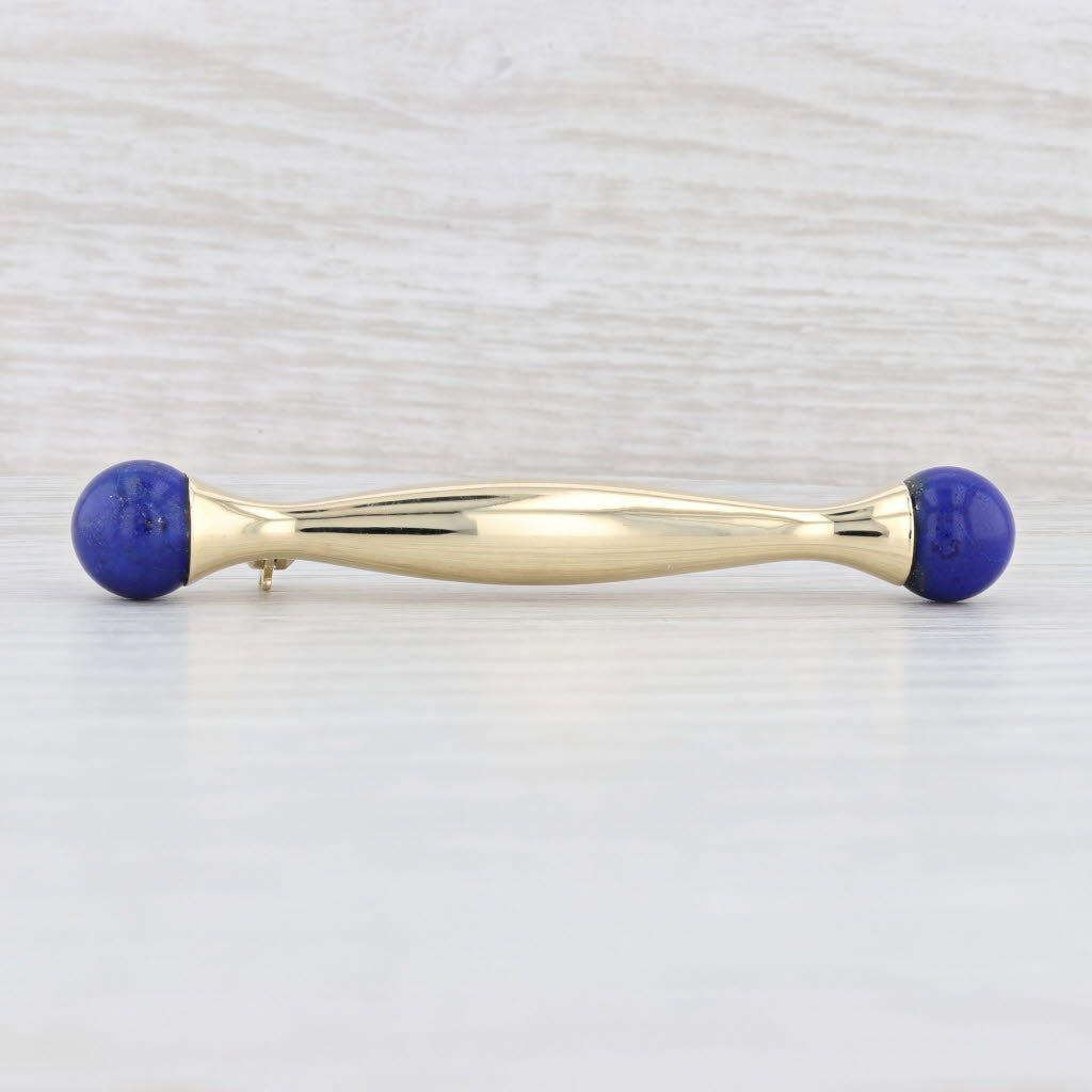 Light Gray Blue Bead Lapis Lazuli Bar Brooch 14k Yellow Gold Statement Pin