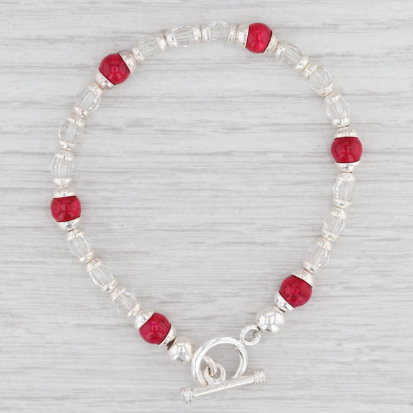 Light Gray New Red Clear Glass Bead Bracelet Sterling Silver 7.25” Toggle Clasp