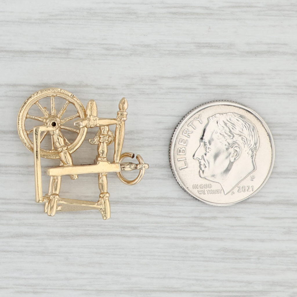 Light Gray Sewing Spinning Wheel Charm 14k Yellow Gold 3D Moving Parts Pendant