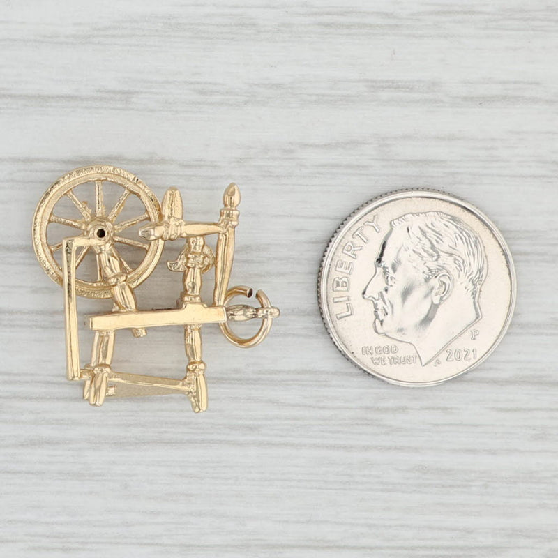 Sewing Spinning Wheel Charm 14k Yellow Gold 3D Moving Parts Pendant