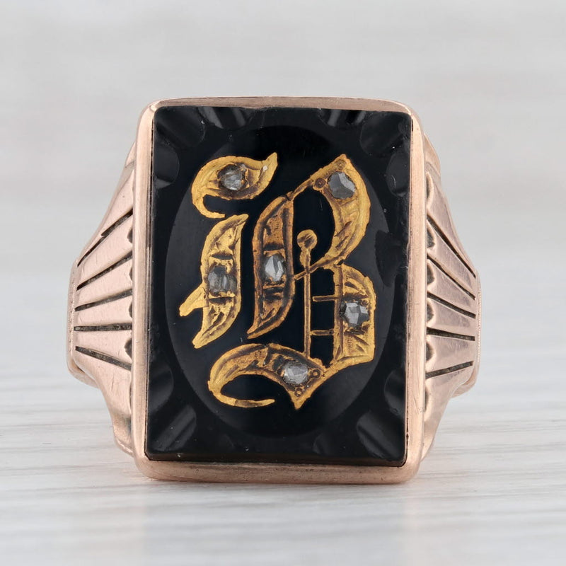 Dark Slate Gray Victorian Old English "B" Onyx Signet Ring 10k Rose Gold Size 9.25-9.5