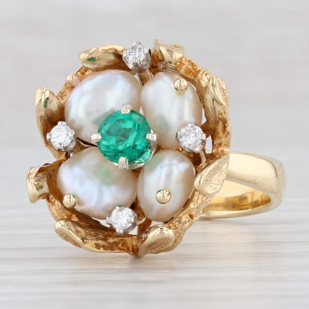 Light Gray Baroque Pearl Lab Created Emerald Diamond Cluster Flower Ring 18k Gold Size 5.5