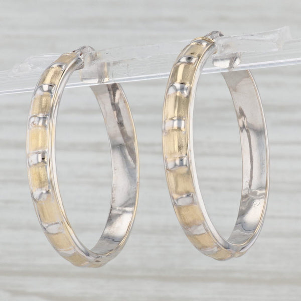 Gray Ridged 2-Toned Hoop Earrings 14k Yellow & White Gold Snap Top Posts Round Hoops