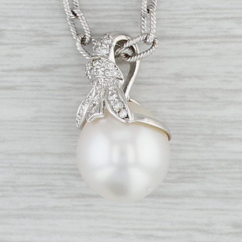 Gray 0.15ctw Diamond Cultured Pearl Pendant Necklace 18k White Gold 15.5" Cable Chain