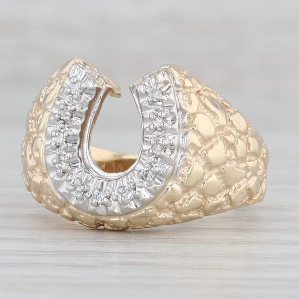 Light Gray Diamond Horseshoe Ring 10k Yellow Gold Nugget Size 10 Western Jewelry