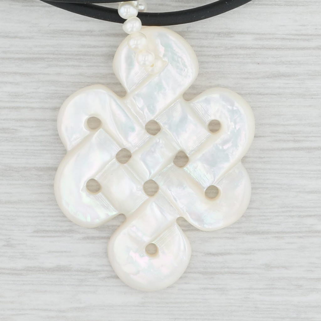 Light Gray Mother of Pearl Celtic Knot Cultured Pearl Pendant Black Cord Necklace 14k Gold