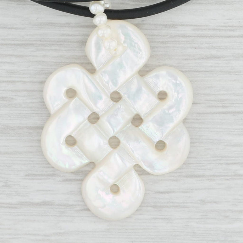 Mother of Pearl Celtic Knot Cultured Pearl Pendant Black Cord Necklace 14k Gold