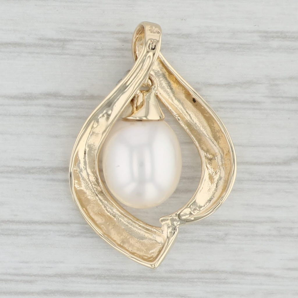 Light Gray Cultured pearl Diamond Pendant 14k Yellow Gold Floating Teardrop Statement