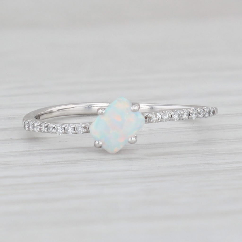 Light Gray Lab Created Opal Diamond Ring 14k White Gold Size 7.25 Stackable Solitaire