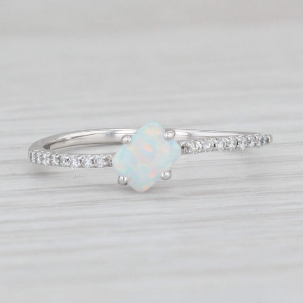 Light Gray Lab Created Opal Diamond Ring 14k White Gold Size 7.25 Stackable Solitaire