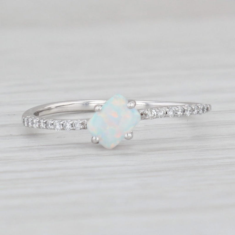 Lab Created Opal Diamond Ring 14k White Gold Size 7.25 Stackable Solitaire