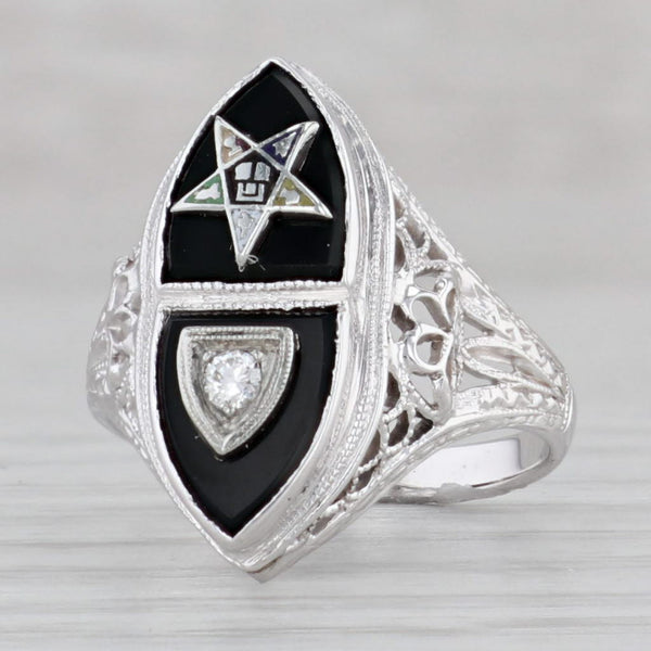 Gray Vintage Order Eastern Star Ring 14k White Gold Onyx Diamond Size 4 Masonic OES