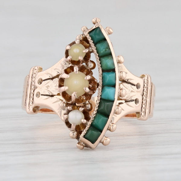 Light Gray Victorian Pearl Green Stone Ring 14k Rose Gold Size 3.5 Ornate Antique