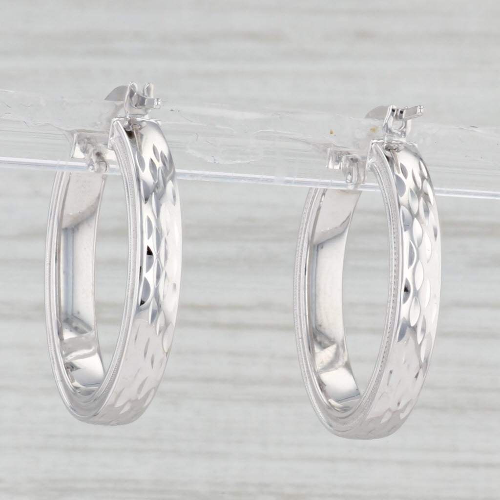 Light Gray Patterned Oval Hoop Earrings 14k White Gold Snap Top Hoops