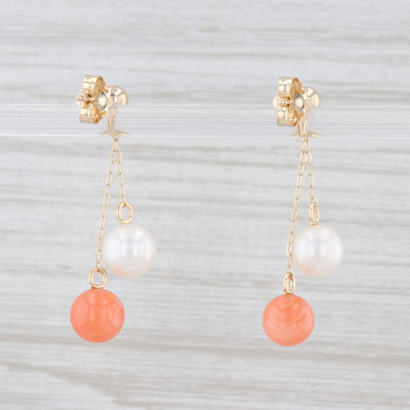 Vintage Cultured Pearl Coral Bead Dangle Earrings 14k Yellow Gold Pierced Drops