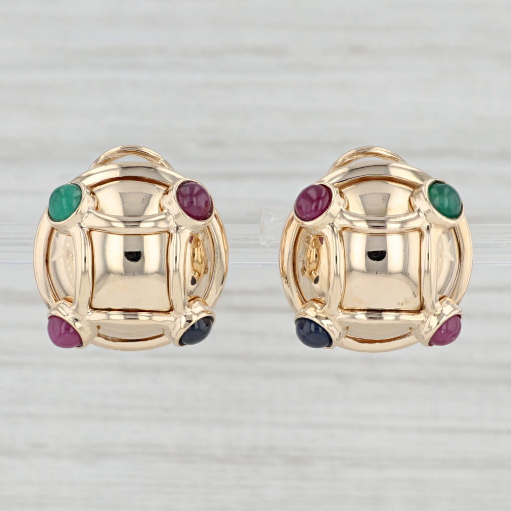 Light Gray Gemstone Button Stud Earrings 14k Yellow Gold Ruby Emerald Sapphire