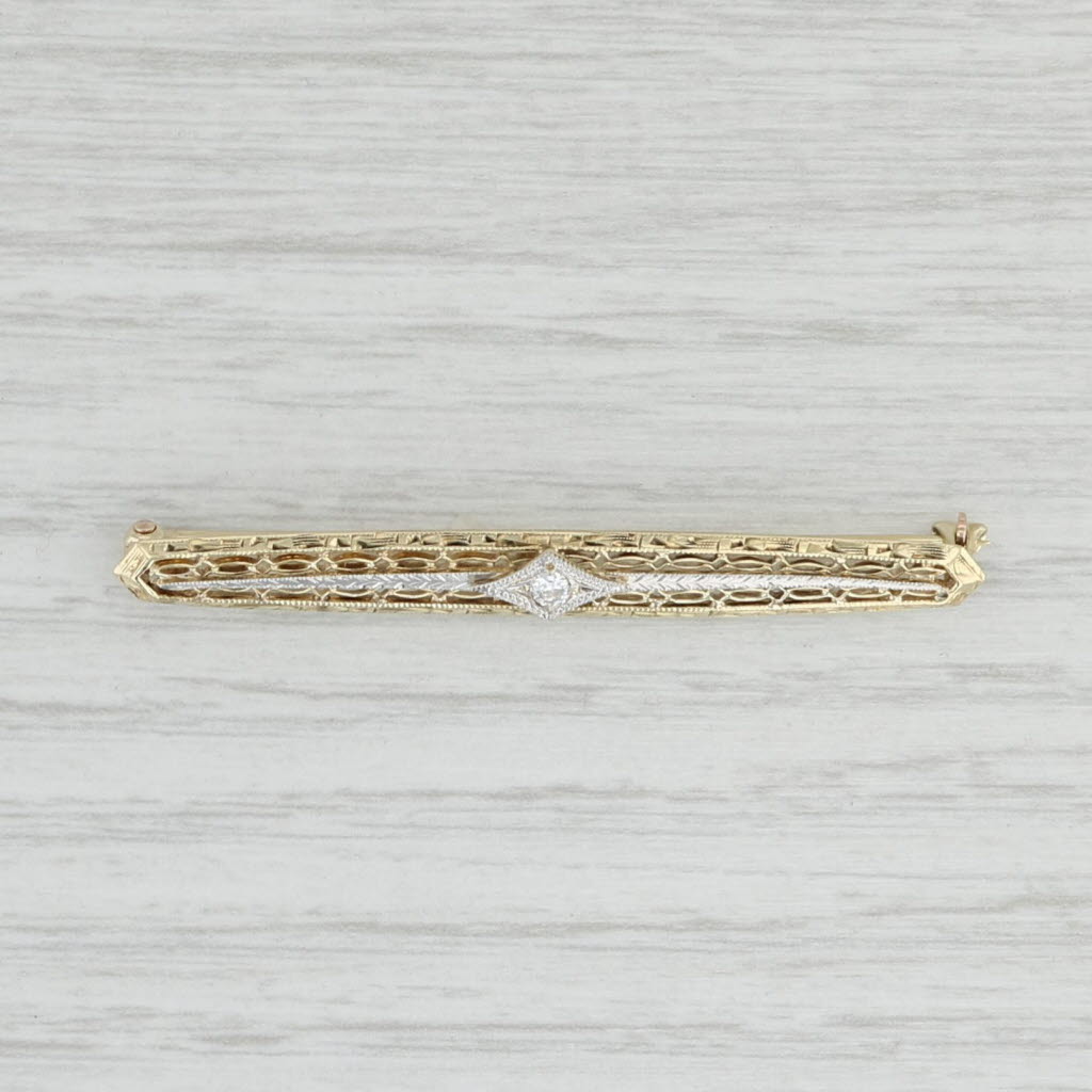 Light Gray Vintage Diamond Filigree Bar Pin 14k Yellow Gold Brooch