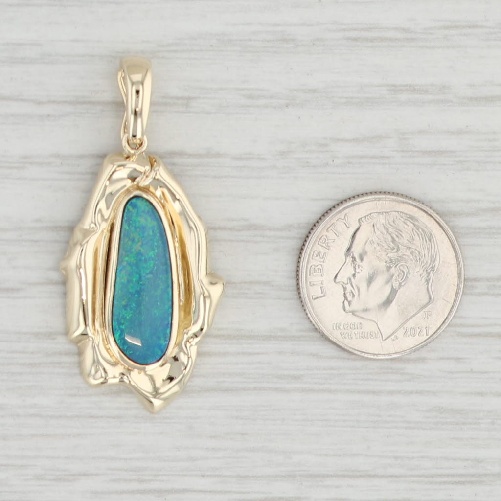 Light Gray Custom Pinfire Opal Pendant 14k Yellow Gold Green Blue Solitaire Baroque Boulder