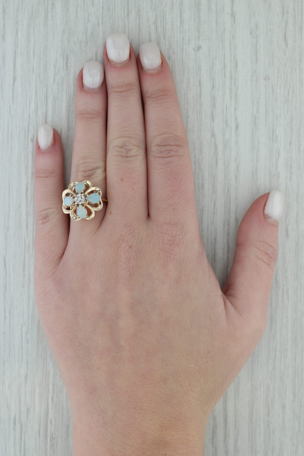 Dark Gray 0.80ctw Opal Diamond Shamrock Ring 14k Yellow Gold 4-Leaf Clover Cocktail