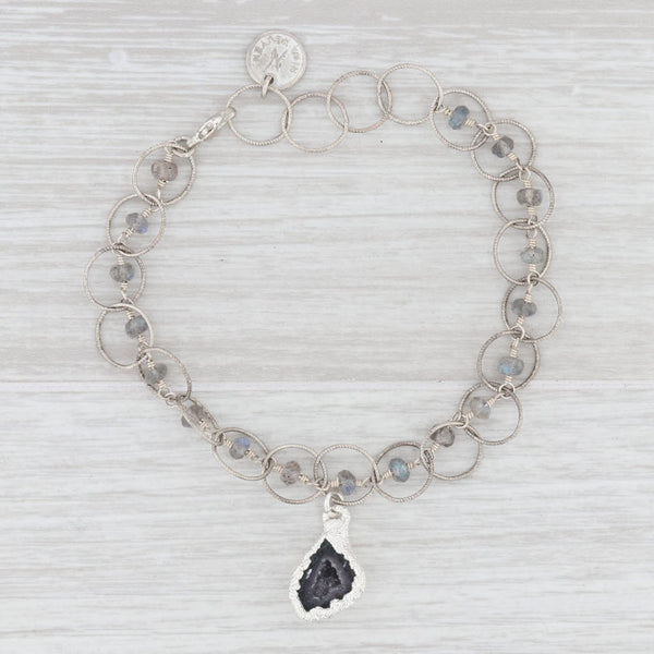 Light Gray New Nina Nguyen Druzy Geode Quartz Labradorite Bead Charm Bracelet 7.5" Sterling