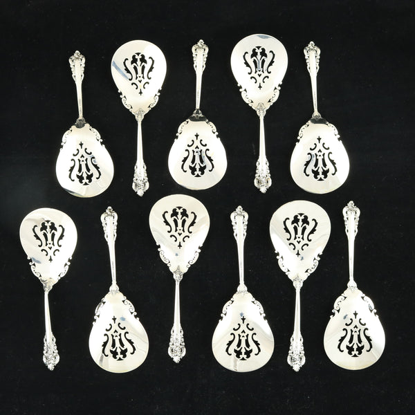 Beige Wallace Grande Baroque Bon Bon Spoons Set of 11 Sterling Silver Pierced Bowl