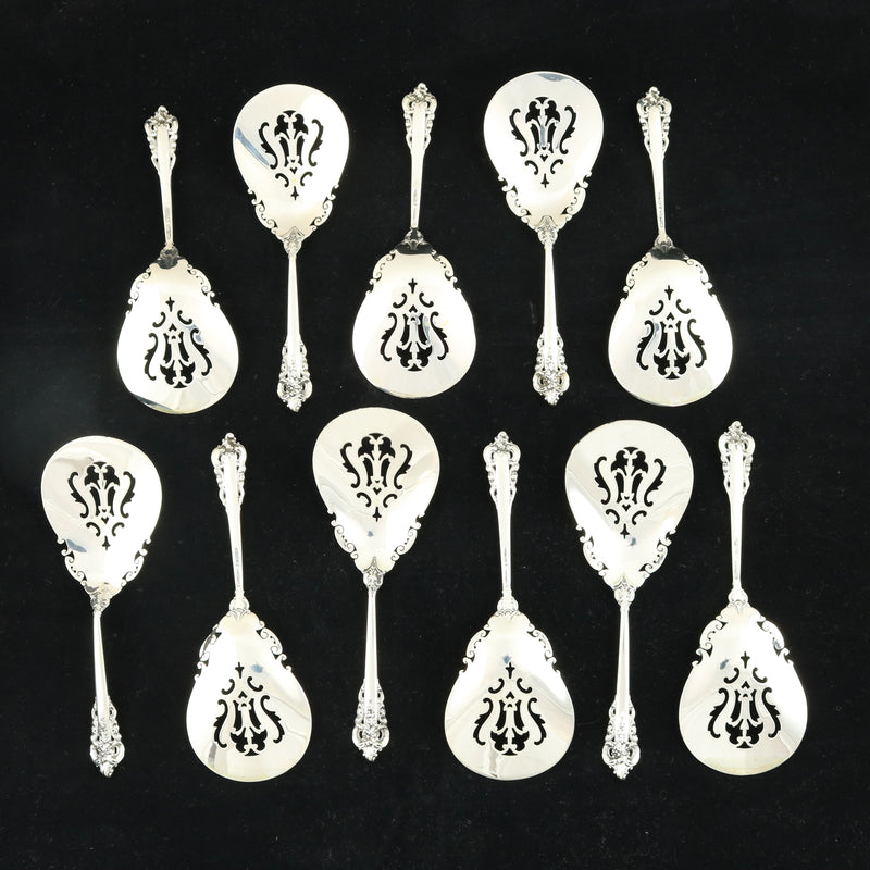 Wallace Grande Baroque Bon Bon Spoons Set of 11 Sterling Silver Pierced Bowl