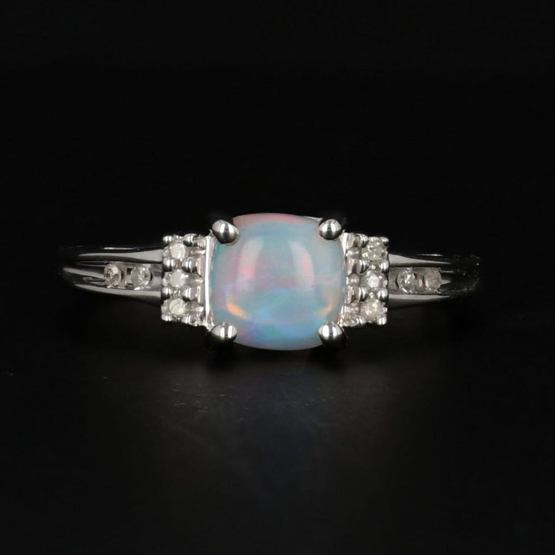 Black Lab Created Opal Diamond Ring 14k White Gold Size 6 Cushion Cabochon