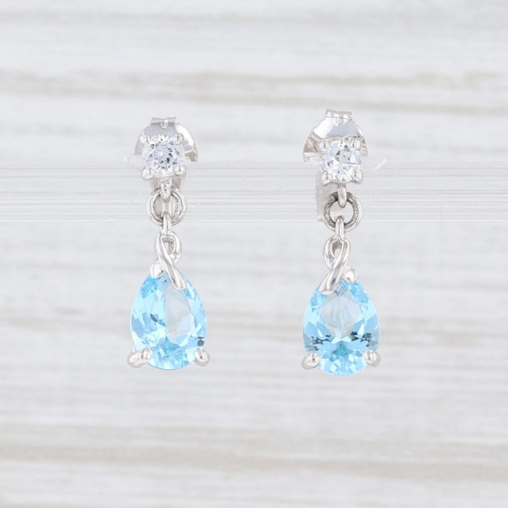 Light Gray New Blue Topaz White Sapphire Teardrop Earrings 10k White Gold Pierced Dangle