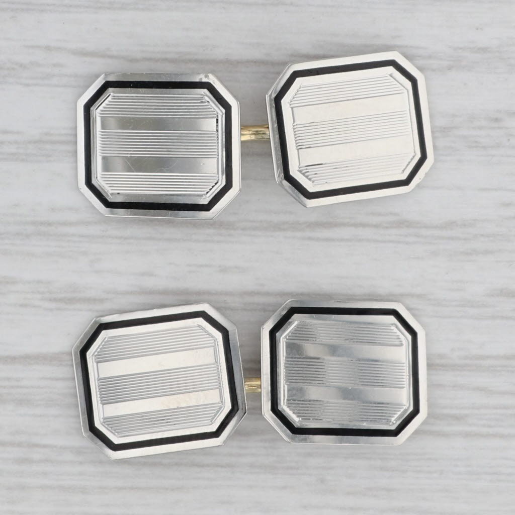 Gray Vintage Cufflinks 14k White Gold Enamel White Hallmark