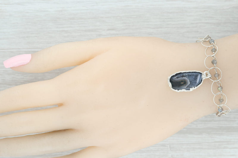 Light Gray New Nina Nguyen Charm Bracelet Druzy Geode Quartz Labradorite Bead 7.5" Sterling