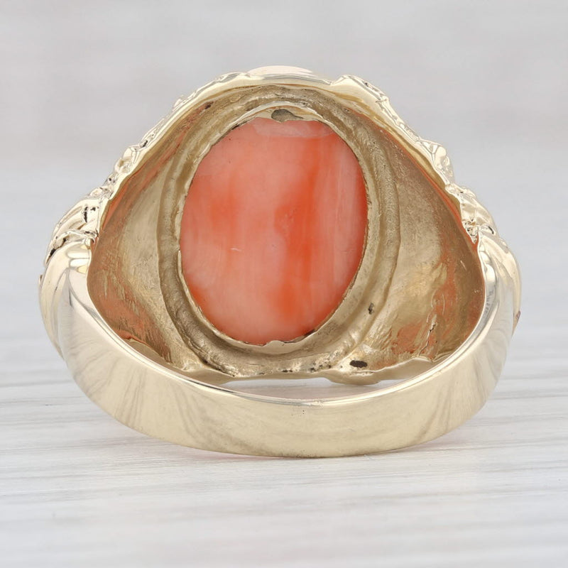 Coral Oval Cabochon Solitaire Ring 14k Yellow Gold Size 9.25