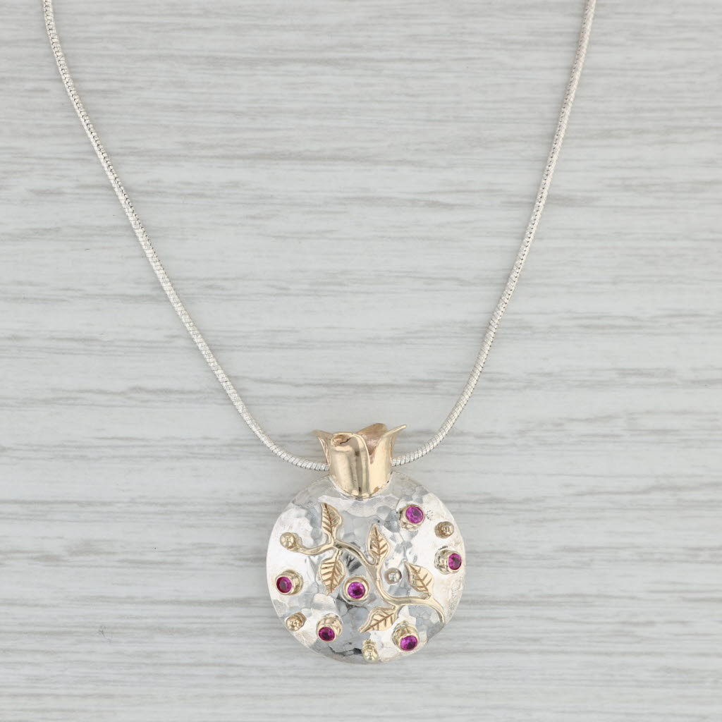 Light Gray Artisan Floral Pendant Necklace 10k Gold Sterling Silver Lab Created Ruby 17.5"