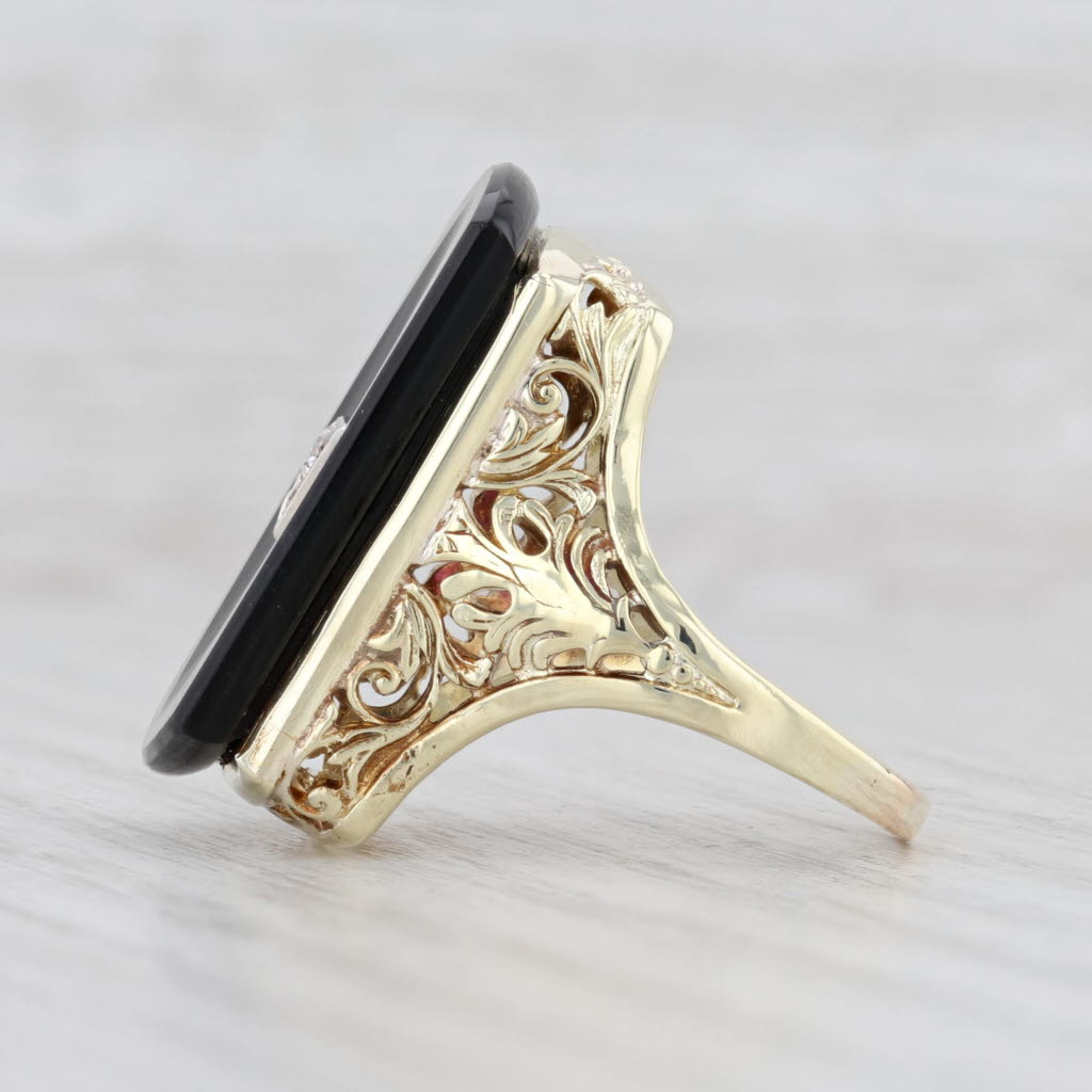 Light Gray Onyx Diamond Statement Ring 14k Yellow Gold Size 6.25 Ornate Floral