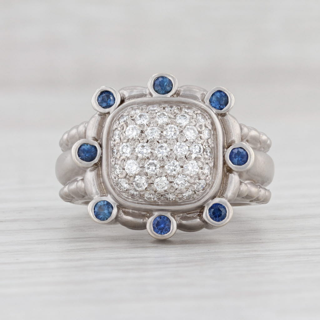 Light Gray 0.80ctw Pave Diamond Blue Sapphire Halo Ring 18k White Gold Cocktail Size 6.25