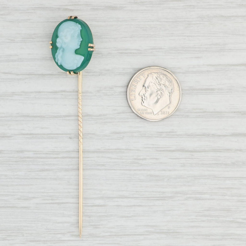 Light Gray Antique Green Chalcedony Cameo Stickpin 10k Yellow Gold