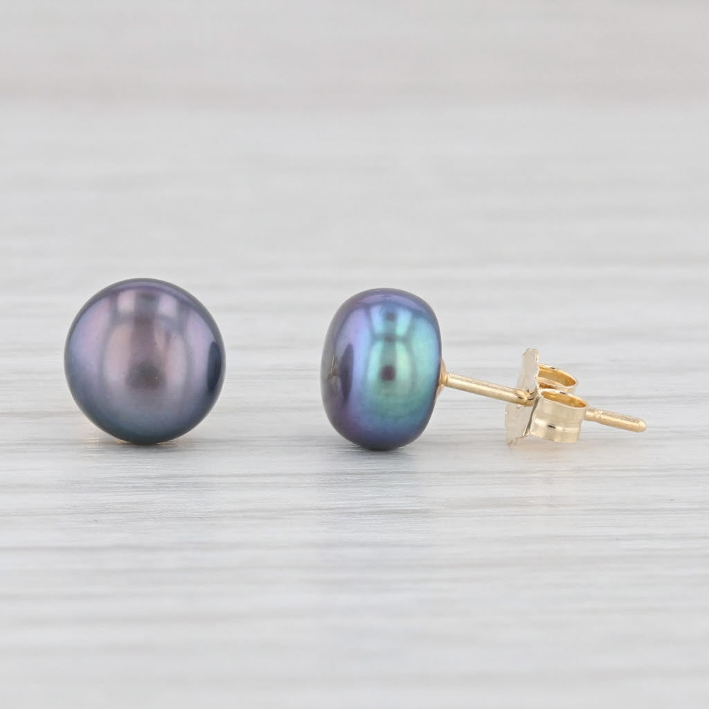 Light Gray Cultured Black Pearl Stud Earrings 14k Yellow Gold Pierced 7mm Studs