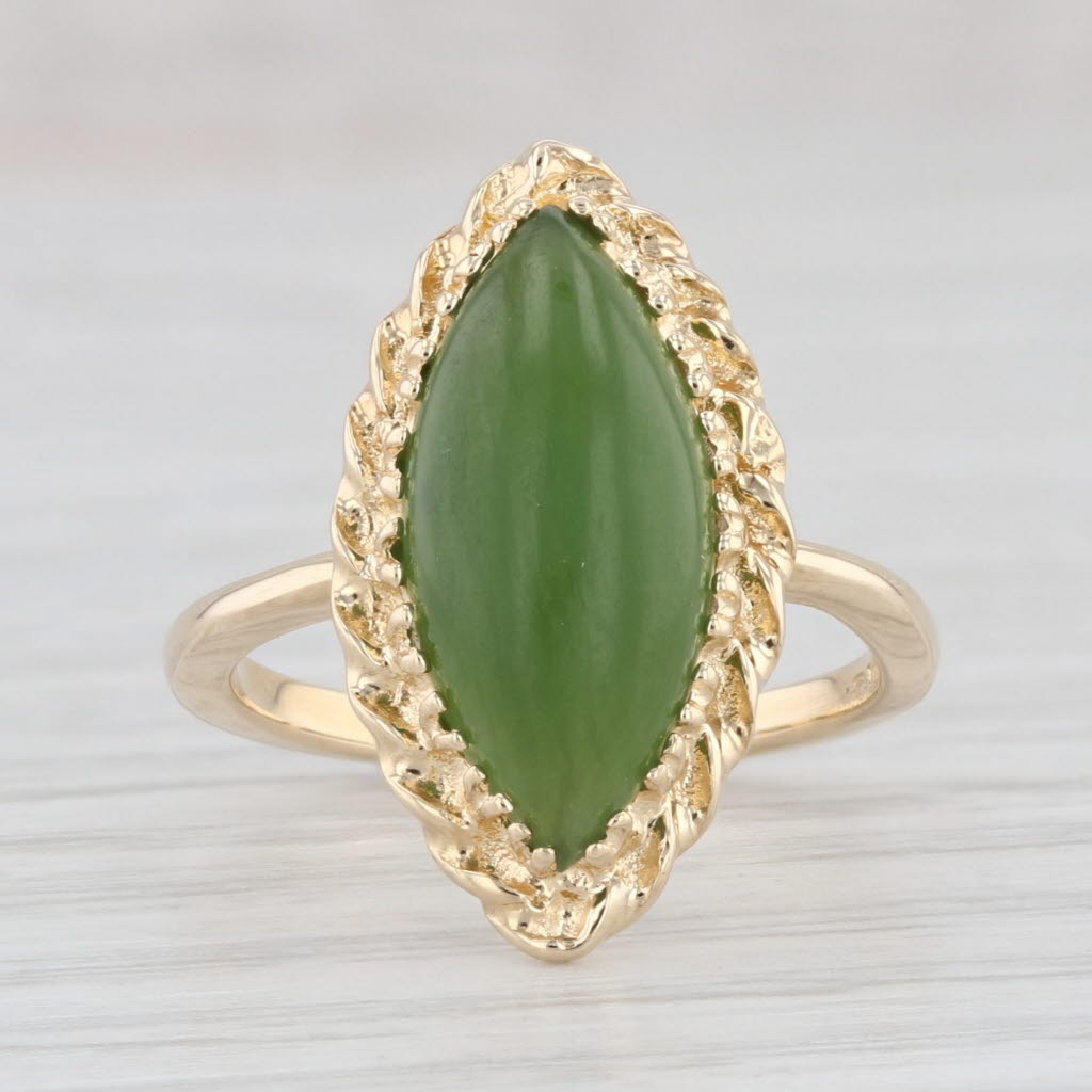 Light Gray Vintage Green Serpentine Ring 14k Yellow Gold Sz 4.5 Marquise Cabochon Solitaire