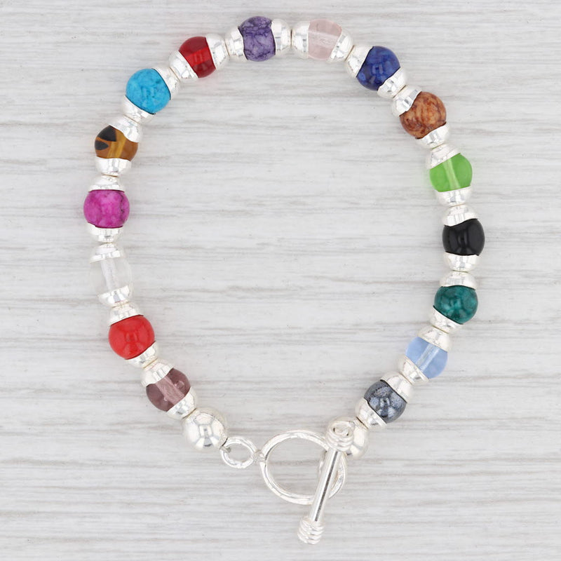 New Multi-Color Glass Bead Bracelet 6.75" Sterling Silver Toggle Clasp