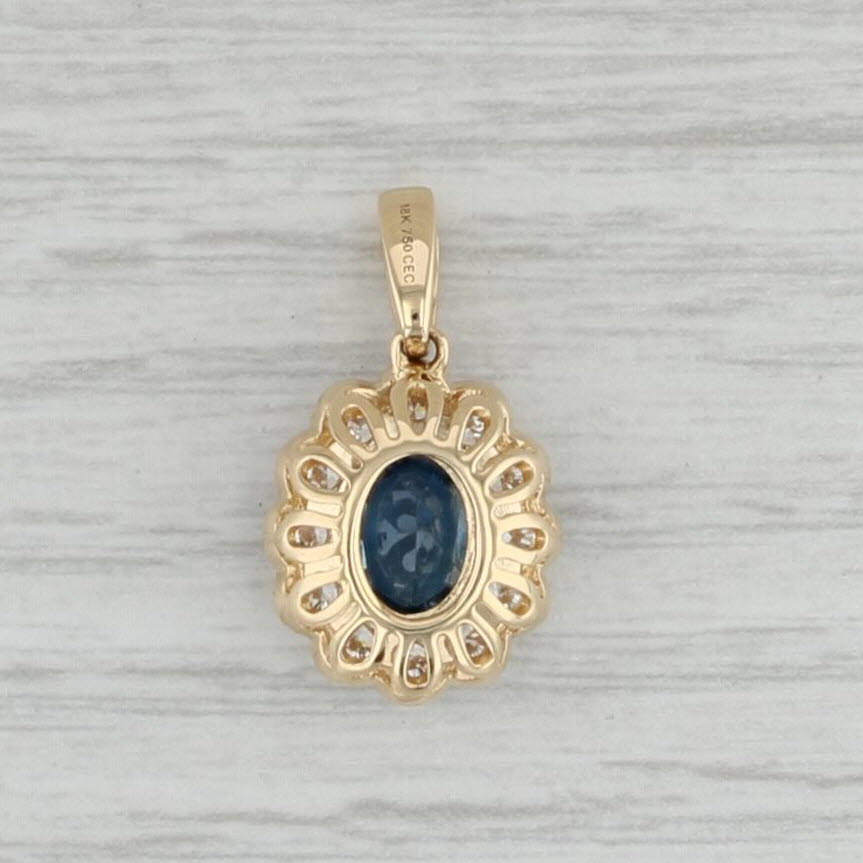 Gray New Blue Sapphire Diamond Halo Pendant 18k Yellow Gold Gemstone Flower Drop